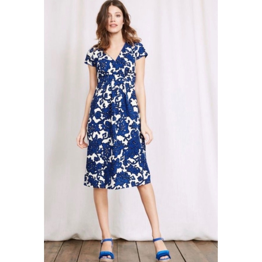 Boden Blue White Floral Jersey Wrap V-Neck Empire Waist Dress 6P